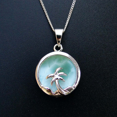Natural Larimar Jewelry Coconut Palm Tree Pendant 100% 925 Sterling Silver Larimar Pendant Necklace For Women ► Photo 1/1