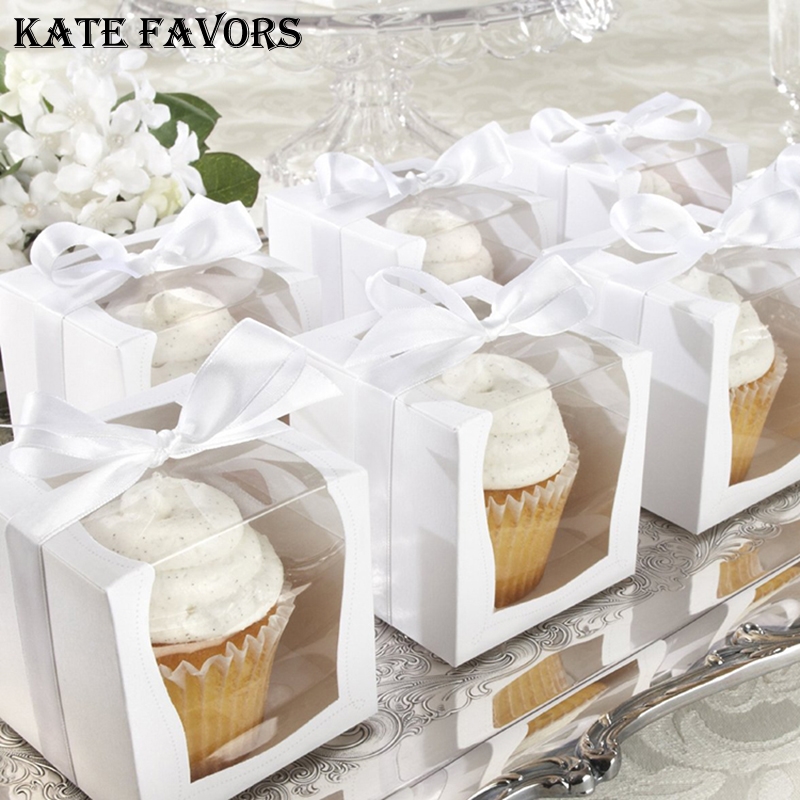 10Pcs Windowed Cupcake Pin Rose Boxes For 2/4/6 Cup Cake Wedding Party Cake Tray 
