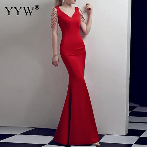 Crystal Beading V Neck Sleeveless Elegant Evening Dresses Women High Slit Formal Gowns Female Solid Green Red Sexy Club Vestidos ► Photo 1/6