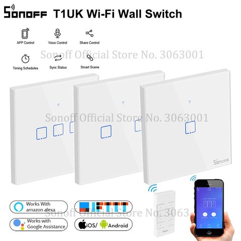 SONOFF Wireless Wall Touch Light Switch, New T1UK Wifi Timer 1/2/3 Gang Switch Glass Panel APP/RF/Voice Remote Control TX Series ► Photo 1/6