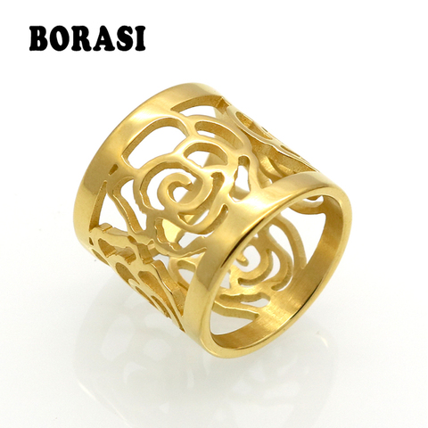 Mopera New Arrival Top Quality Rose Flower Hollowing Craft Gold Color Ring Fashion Brand Jewelry Stainless Steel Ring Wholesale ► Photo 1/4