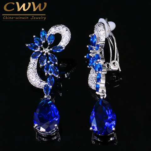 CWWZircons Non Pierced Vintage Royal Blue CZ Crystal Flower Shape No Hole Ear Bridal Clip Earrings without Piercing CZ023 ► Photo 1/6