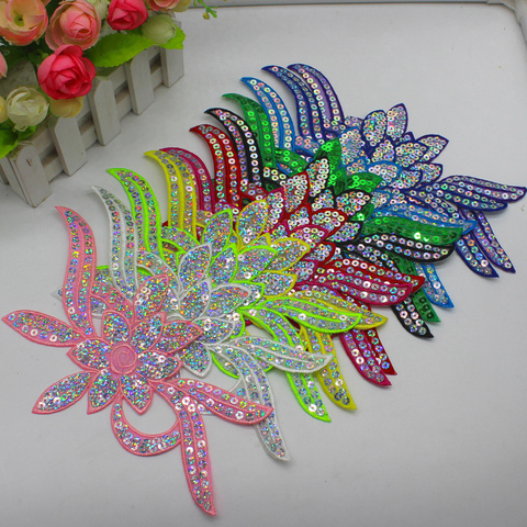 Sequined Flower Appliqued 10 Pcs/Lot Laser Sequins Organza Fabric Embroidery Trims Iron On Patches 24*11CM ► Photo 1/6