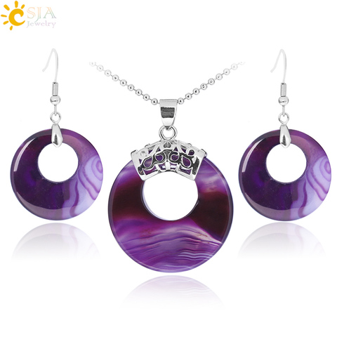 CSJA Jewellery Sets for Women Natural Hollow Round Gem Stone Onyx Unakite Purple Crystal Opal Earrings Necklaces Healing E568 ► Photo 1/6