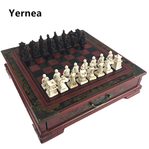 New Wood Chess Chinese Retro Terracotta Warriors Chess Wood Do old Carving Resin Chessman Christmas Birthday Premium Gift Yernea ► Photo 1/6