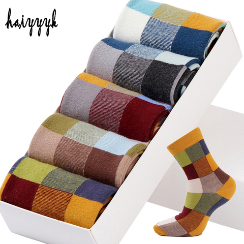 5 Pairs/Lot Combed Cotton Men's Socks Compression Socks Fashion Colorful Square Happy Dress Socks Men Size 39-45 ► Photo 1/6