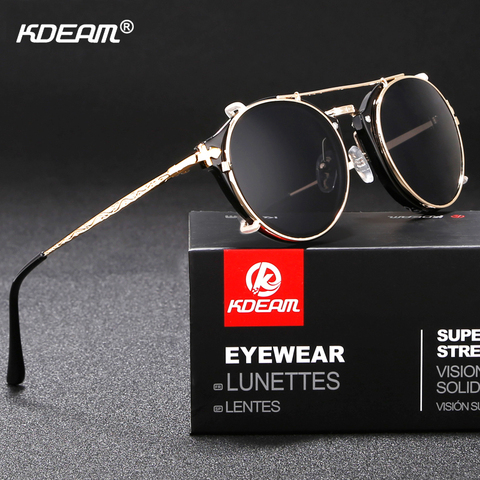 Kdeam Happy Clip On Sunglasses Men Removable Round Glasses Steampunk Women Carve Design Sunglass With Brand Box ► Photo 1/5