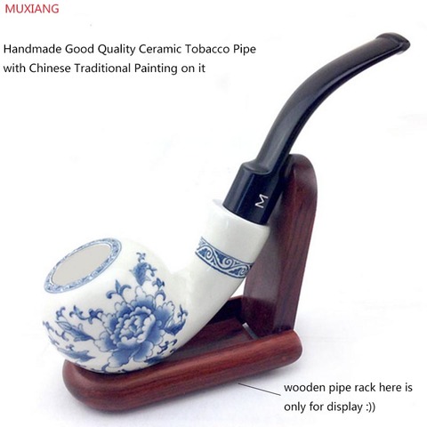 MUXIANG Handmade Ceramic Pipe Bending Type Blue and White Porcelain Smoking Pipe Double Insulation Clay Fugu Tobacco Pipe an0001 ► Photo 1/6