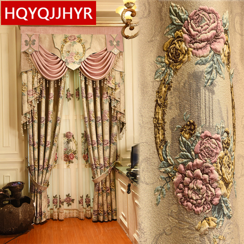 European top Beige 4D embossed large flower thick blackout  Window Curtains for Living Room high quality villa Bedroom Curtain ► Photo 1/6