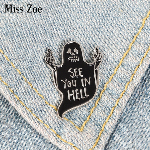 Black Ghost Middle Finger Enamel Pin See you in hell Badge Brooches Bag Clothes Lapel pin Funny Punk Gothic Jewelry Gift ► Photo 1/6