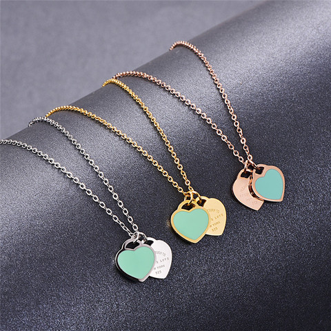 Martick Romantic Europe Style Heart Pendant Necklace Green Pink Color Double Heart Link Chain Necklace For Woman Jewelry P2 ► Photo 1/6