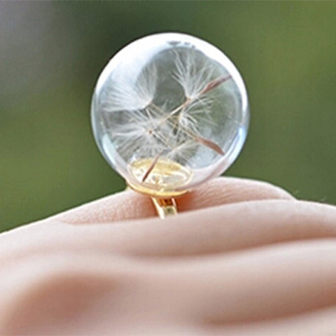 3PCS 16MM Glass Bubble Dandelion Seed Ring Glass Globe Bottle Rings Green moss  rings for women Gift for her ► Photo 1/6