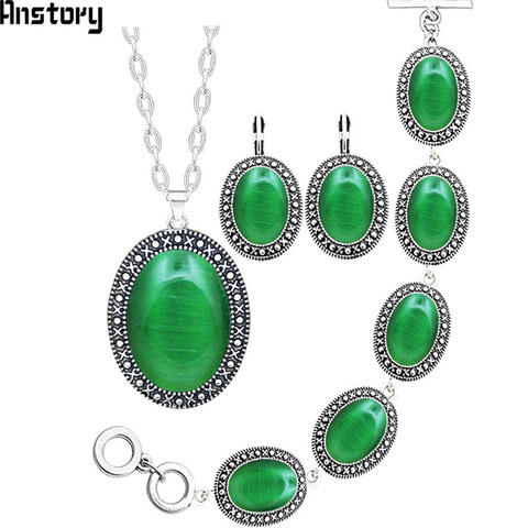 5 Colors Oval Opal Necklace Earrings Bracelet Jewelry Set Antique Silver Plated Fashion Jewelry TS412 ► Photo 1/6