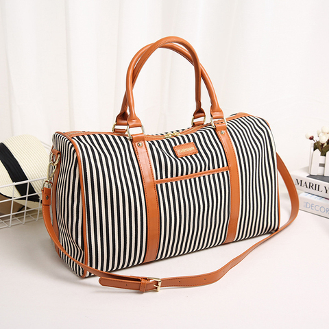 Canvas+PU Leather Women Travel Bag Fashion Striped Duffel Tote Large Weekend Bag Female Packing Cubes Suitcase Shoulder Bags ► Photo 1/6