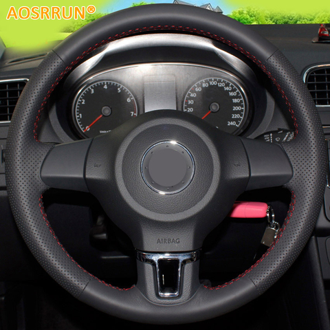 AOSRRUN Car accessories Leather Hand-stitched Car Steering Wheel Covers For Volkswagen VW Golf 6 Mk6 VW Polo MK5 2010-2013 ► Photo 1/2