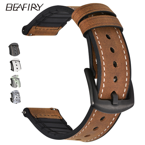 BEAFIRY 20mm 22mm Genuine Leather+Silicone Rubber Watch Band Straps For Men Women Quick Release Spring Bar Watchbands Waterproof ► Photo 1/6