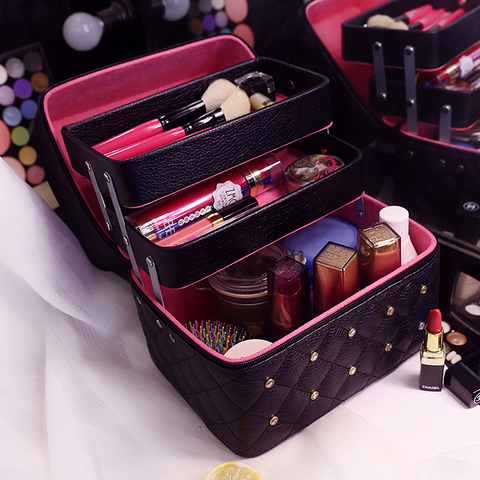 3 Layer Large Capacity Women Professional Makeup Case Diamond Stud Cosmetic Box Travel Storage Case Organizer Vanity Beauty Case ► Photo 1/6