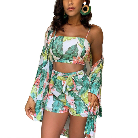Summer New Women Boho 3Pcs Floral Print Cardigan Blouse+Crop Top+Shorts Lady Holiday Beach Three Pieces Set Casual Shorts Sets ► Photo 1/6
