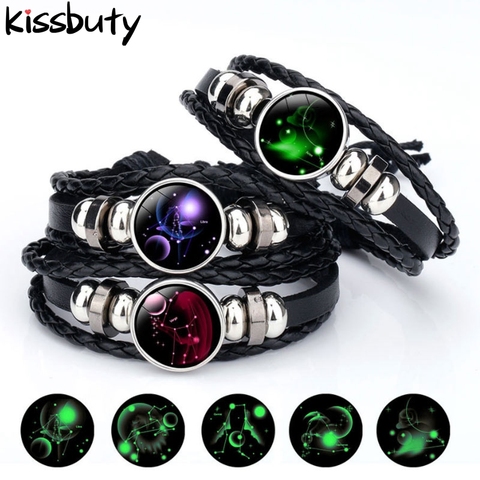 New Handmade Luminous 12 Constellation Zodiac Print Leather Bracelets Glass Snap Buttons Bracelet Bangle for Woman Men Jewelry ► Photo 1/6