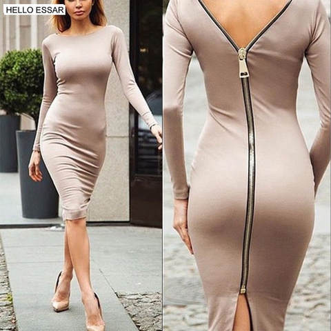 Spring new large size Bodycon dress Solid Color Round neck long sleeve Back zipper tight dress Female Fashion Clothes D1240 ► Photo 1/6