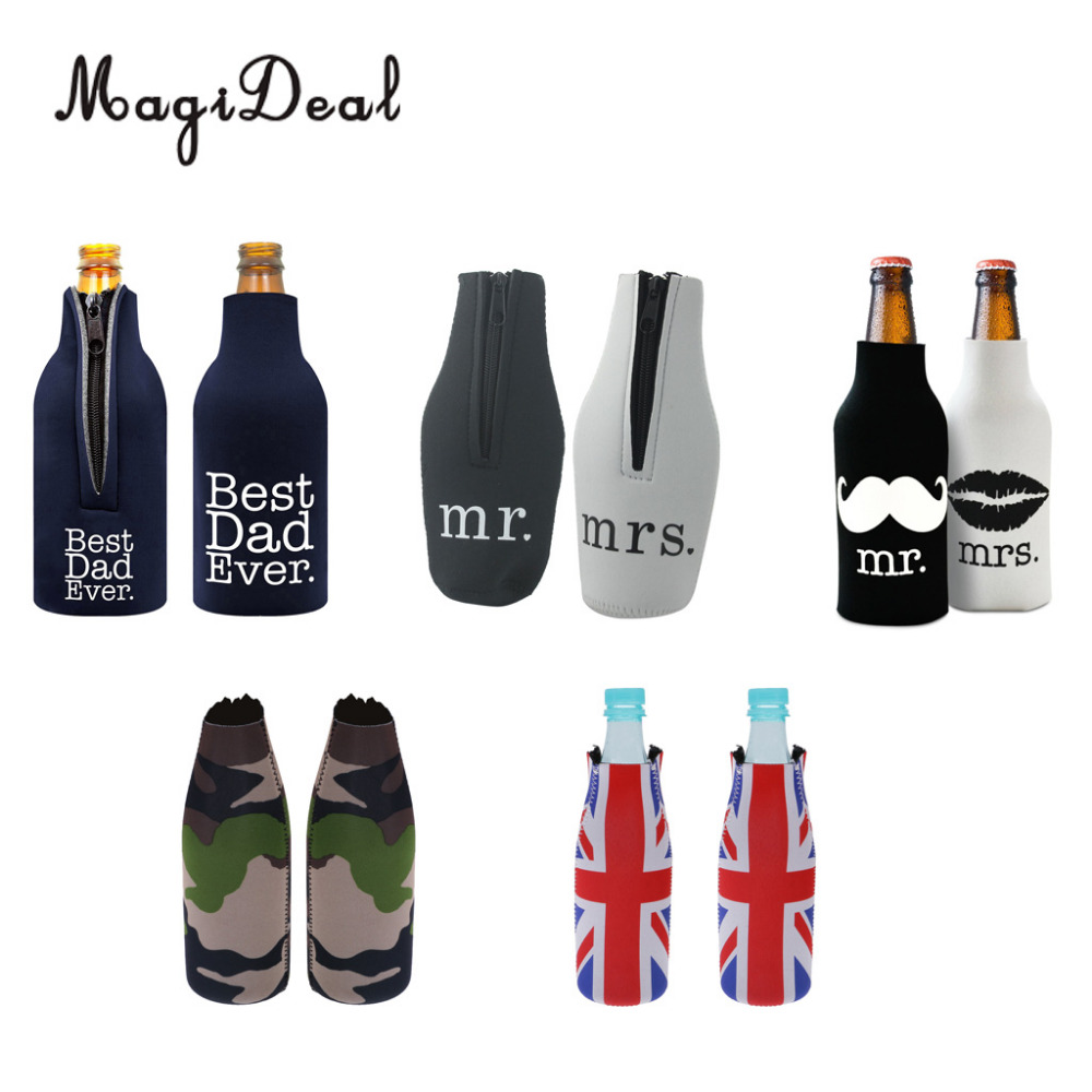 Set 2pcs Beer Bottle Cooler Sleeve Wrap Zip Holder Wedding Favor Mr. Mrs.