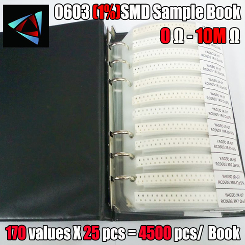 4250 PCS/LOT  RC0603 FR-07 0603 1% SMD Resistor Sample Book 0R~10M Tolerance 170 Values 25pcs 4250 pcs Resistors Kit ► Photo 1/1