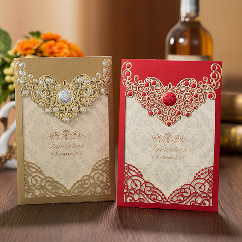 1pcs Red Gold Laser Cut Crown Wedding Invitations Card Elegant Greeting Cards Customize Envelopes Wedding Party Favor Decoration ► Photo 1/6