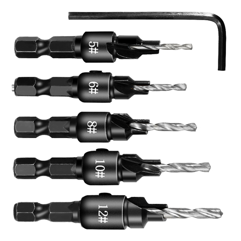 5pcs Countersink Drill Woodworking Drill Bit Set Drilling Pilot Holes For Screw Sizes #5 #6 #8 #10 #12 With a wrench ► Photo 1/6