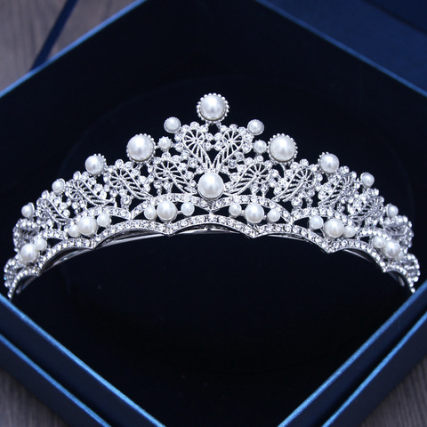 Vintage Baroque Silver Crystal Tiara Rhinestone Hair Ornaments Bridal Head Jewelry Princess Pearl Wedding Crown Brides Hairbands ► Photo 1/5