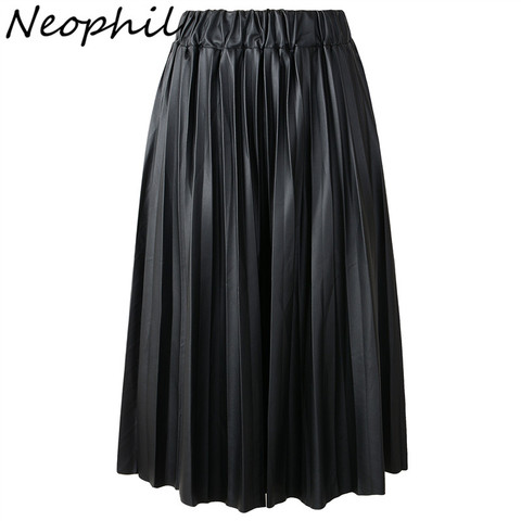 Neophil 2022 Winter Ladies Black PU Faux Leather Skirts Midi Pleated High Waist Vintage Basic Mid-calf Women Longa Saia S1927 ► Photo 1/6