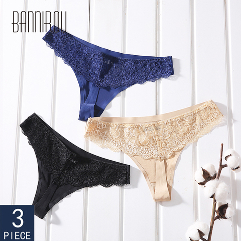 BANNRIOU Seamless Lace Thongs Underwear For Woman Female Sexy Cotton Crotch Ice Silk Woman G-string Sexy Seamless T-back 3 Pcs ► Photo 1/6