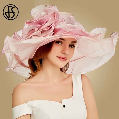 FS 2022 Pink Kentucky Derby Hat For Women Organza Sun Hats Flowers Elegant Summer Large Wide Brim Ladies Wedding Church Fedoras ► Photo 1/6