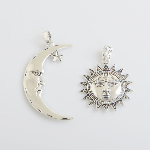 2 Pcs Accessorices Findings Antique Silver Color Large Charm Moon And Sun Face Pendants For Necklace Jewelry Making ► Photo 1/5