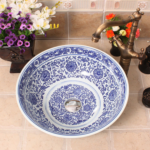 Blue and white chinese wash basin Jingdezhen Art Counter Top ceramic sink to bathroom ► Photo 1/6