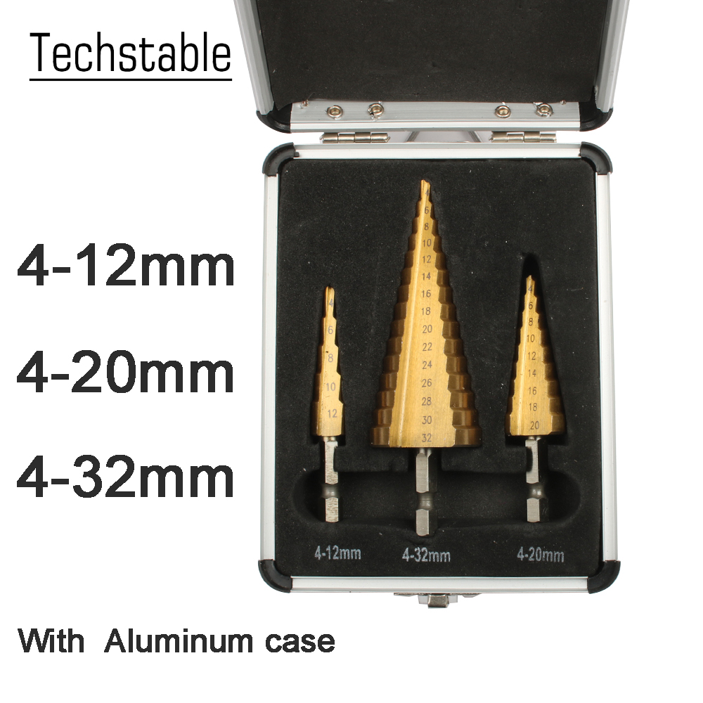 3pcs HSS Step Cone Drill Bits 4-12/4-20/4-32mm Hole Cutter for Wood Sheet Metal 