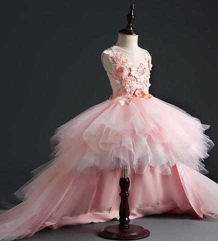 Glizt Girl Wedding Party Flower Girl Dresses Pink Tulle Trailing Princess Gown Beaded Floral Girl Pageant First Communion Gown ► Photo 1/5