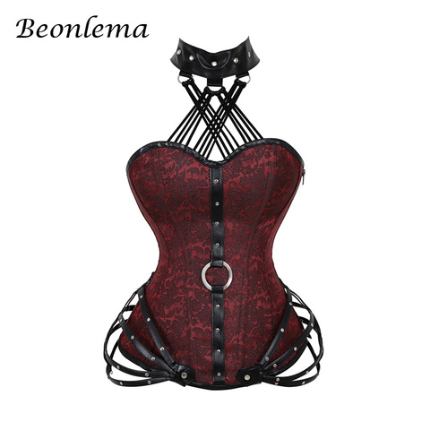 Beonlema Black Gothic Corset Top Women Sexy Faux Leather Burlesque Corsets Red Steampunk Steel Bone Korse Punk Goth Clothing ► Photo 1/6
