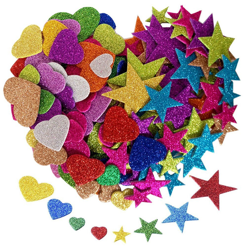 1bag/LOT.Mixed glitter heart foam stickers Baby room decoration Early  learning educational toys Kindergarten craft