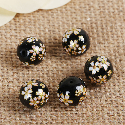 DoreenBeads Glass Painting Vintage Japanese Tensha Beads Round Sakura Flower Pattern Imitation Pearl About 12mm( 4/8