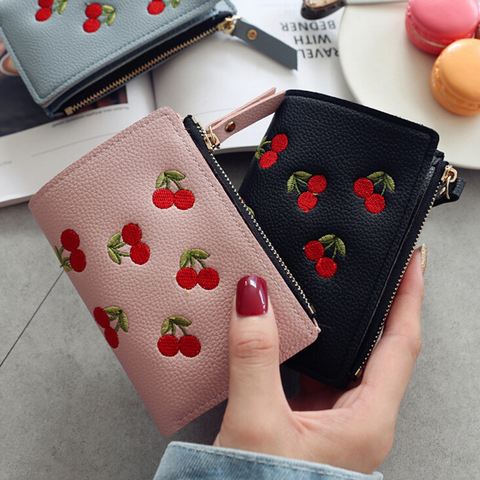Fashion Women Girls Short Wallet Small PU Leather Cherry Embroidery Coin Purse Card Holders Lady Girl Mini Money Bag ► Photo 1/6