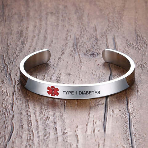 Type 1 Diabetes Medical alert Bracelet for Men Women ID Cuff Bangle Stainless Steel Personalized Free Engrave ► Photo 1/6