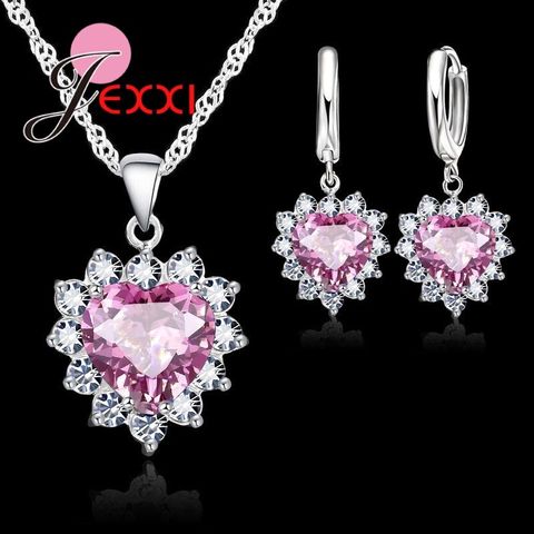 Romantic Genuine 925 Sterling Silver Sweet Heart Pink Dazzling Crystals Delicate Accessory For Women Girls Jewelry Set ► Photo 1/1