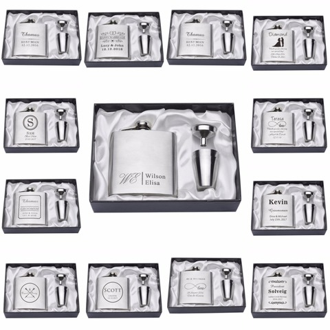 1 Set Personalized Engraved 6oz Silver Hip Flask Stainless Steel Wedding Birthday Valentine's Day Gift Favors FL02 ► Photo 1/6