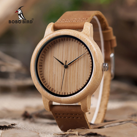BOBO BIRD V-A15 Handmade Mens Bamboo Wooden Watch Bamboo Dial Quartz Watches with Leather Strap in Gift Box Relojes Hombre ► Photo 1/6