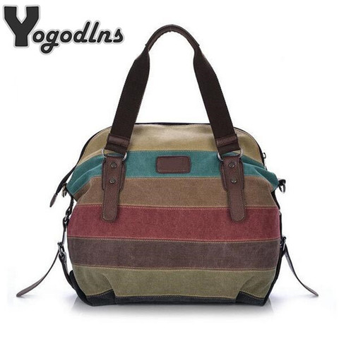 New Hot women bags Panelled Canvas Bags Casual Patchwork Handbag Shoulder Bags Big Shopping Stripe rainbow bag ► Photo 1/6