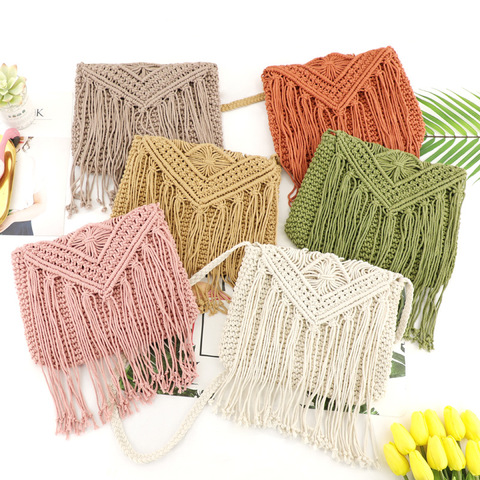 Fashion casual straw bag hollow tassel beach bag flip hand woven bag cotton rope shoulder bag Crossbody ► Photo 1/6