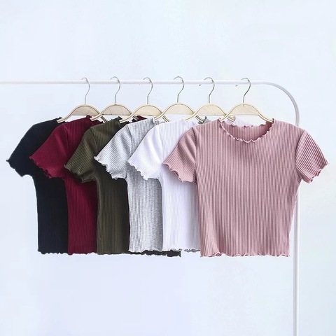 Vintage Wood ears O neck Short sleeve T-shirt 2022 New Woman Slim Fit t shirt tight tee Summer Retro Tops 6 colors ► Photo 1/6