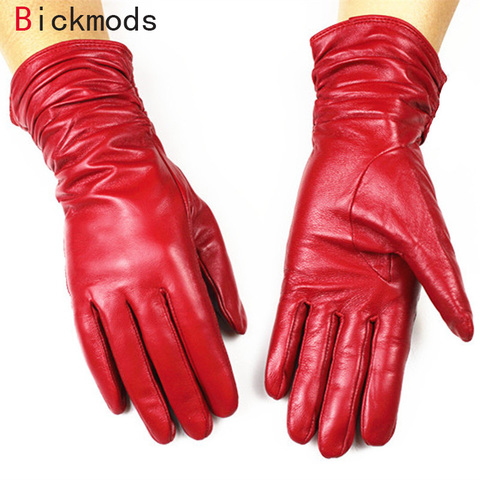 Female Leather Gloves Woman Sheepskin Gloves Fashion Loose Style Lengthen Velvet Lining Autumn and Winter Warm ► Photo 1/6