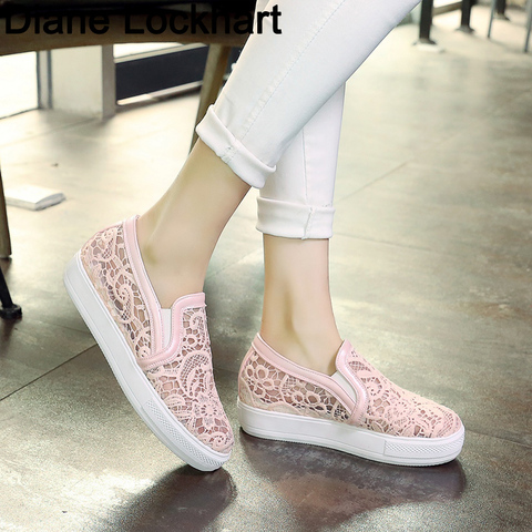 2022 New Fashion Casual Shoes Women Wedges Summer Lace ventilation Fretwork Shoes Increase Heels Platform Slip On Shoes ► Photo 1/6