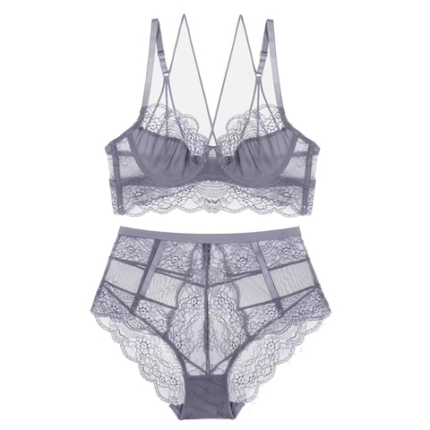 Ultra Thin Transparent Unlined Lace Bra Set Bandage Cross Strappy